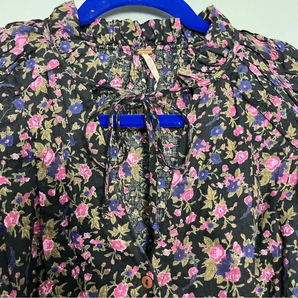 Free People Meant To Be Blouse Floral Puff Sleeve Top Black Purple Women’s S
